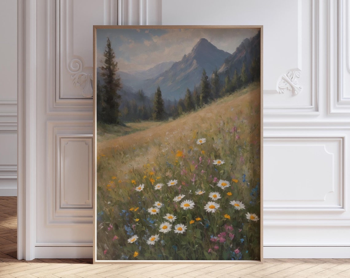 Daisy Wildflower Mountain Meadow Vintage Oil Painting Landscape Poster