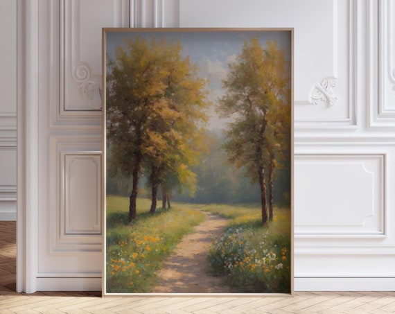 Moody Forest Print Countryside Landscape Print Rustic Country Painting Vintage Art Print Cottagecore Decor Farmhouse