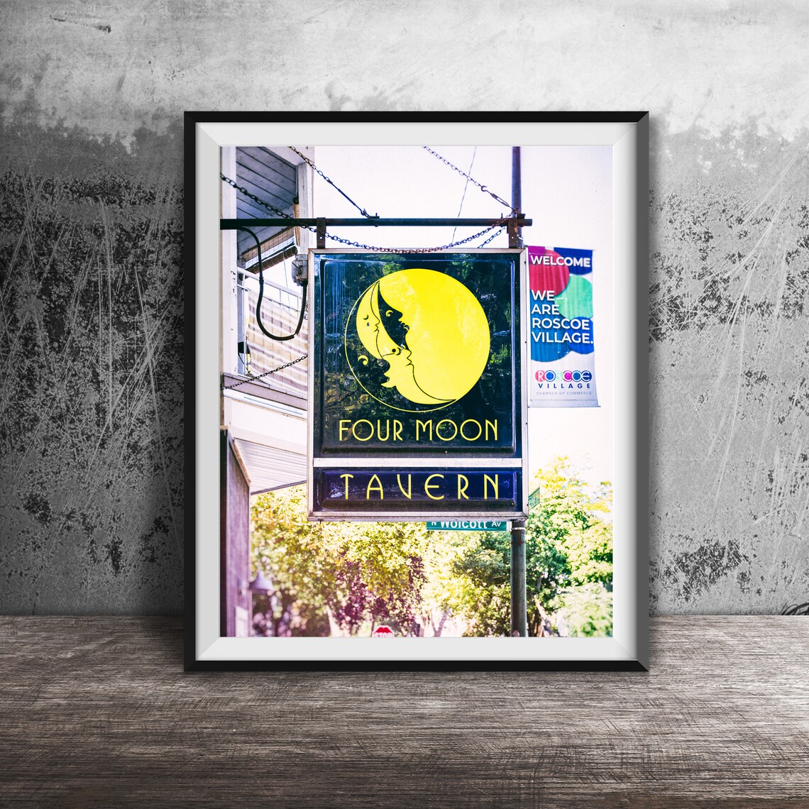 Four Moon Tavern Yellow Crescent Moon Sign Roscoe Village Poster