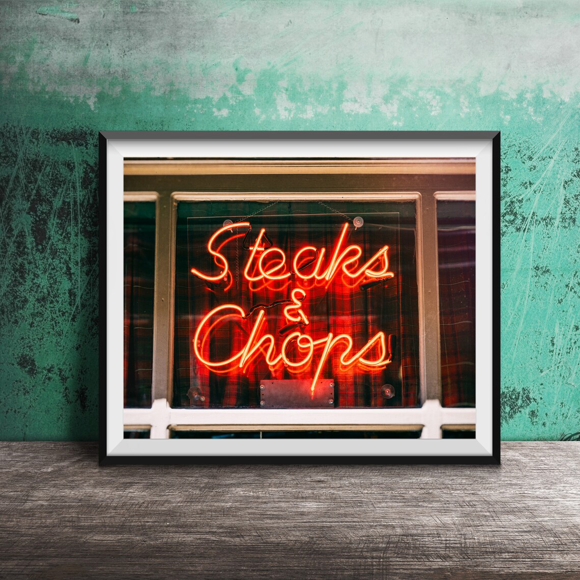 Steaks and Chops Red Neon Window Sign Steakhouse Photography Poster