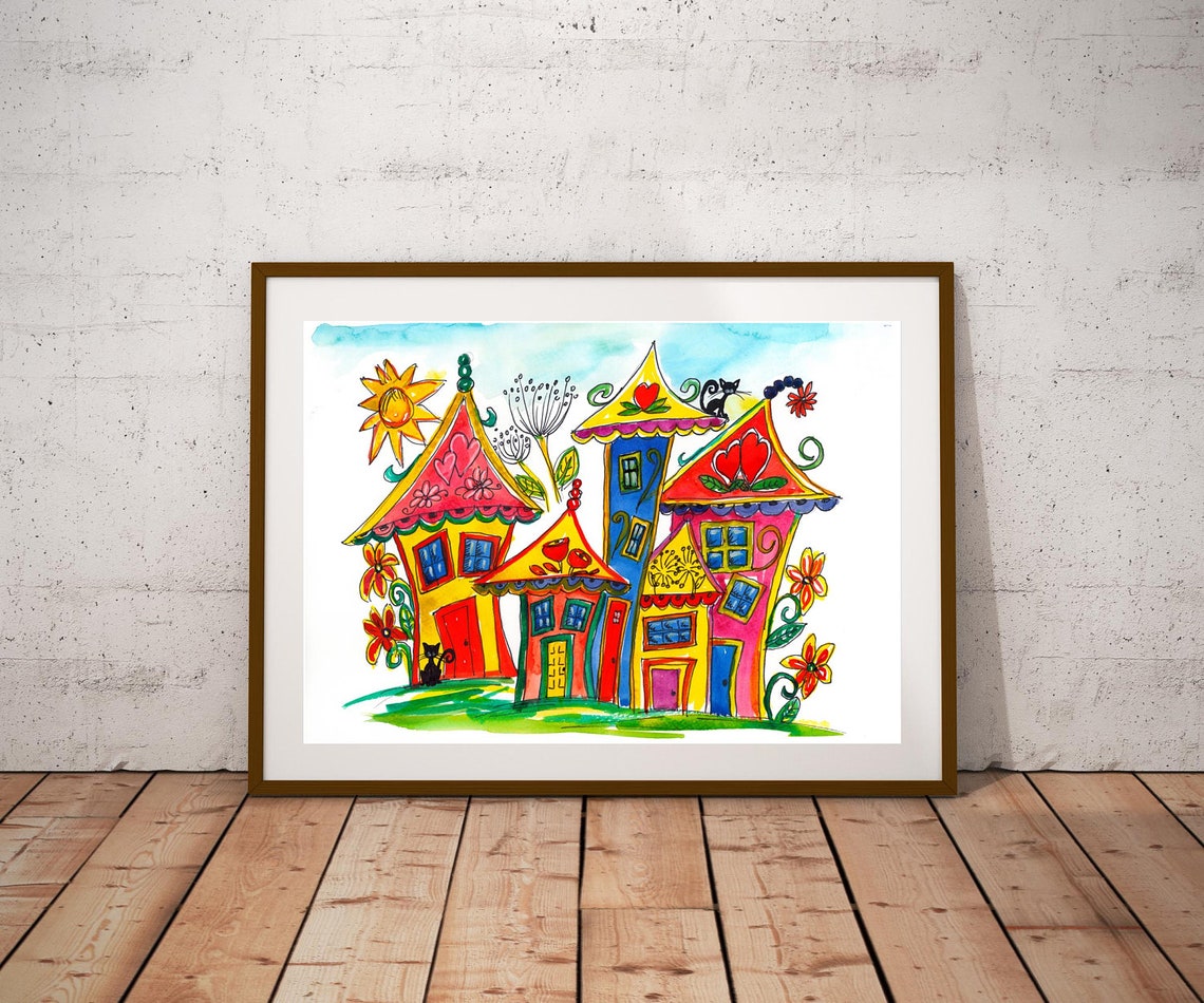 Hous Print Nursery Poster Nursery Print Art Print Drawing Watercolor Poster Kids Room Girl Playroom Decor Baby Room Animal Print Cats