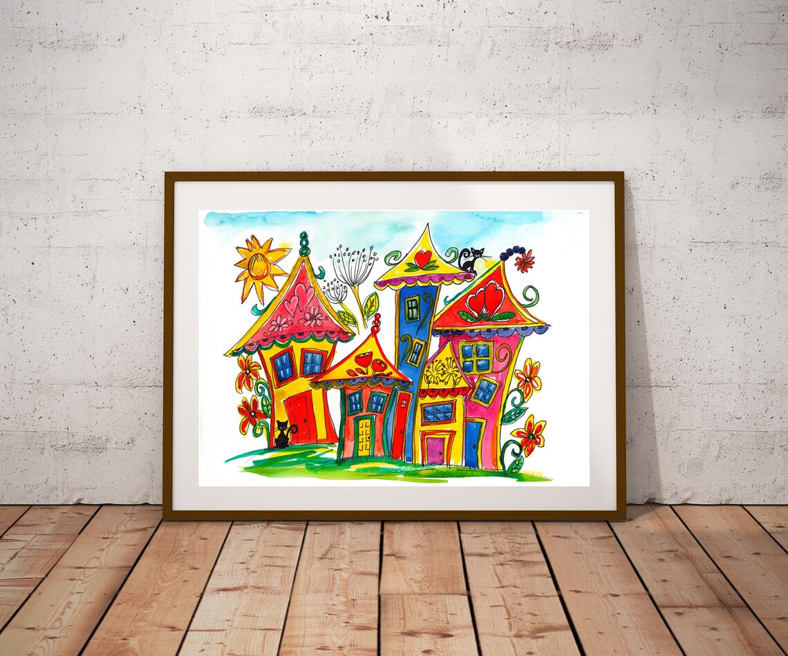Whimsical Colorful Fairy Tale Village Houses Cats Fantasy Art Poster