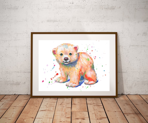 Baby Polar Bear Cub Colorful Watercolor Splash Wildlife Art Poster
