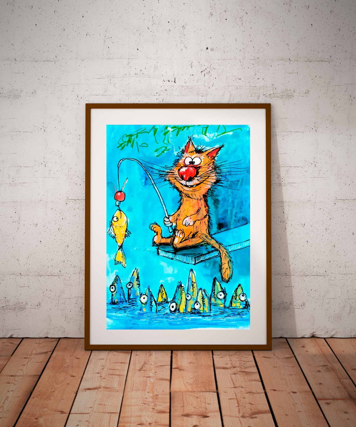 Funny Orange Cartoon Cat Fishing With Rod Cartoon Fish Art Poster