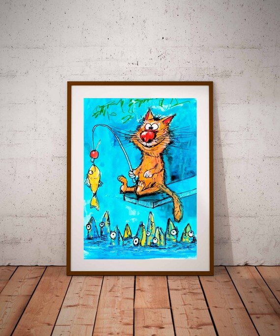 Funny Orange Cartoon Cat Fishing With Rod Cartoon Fish Art Poster