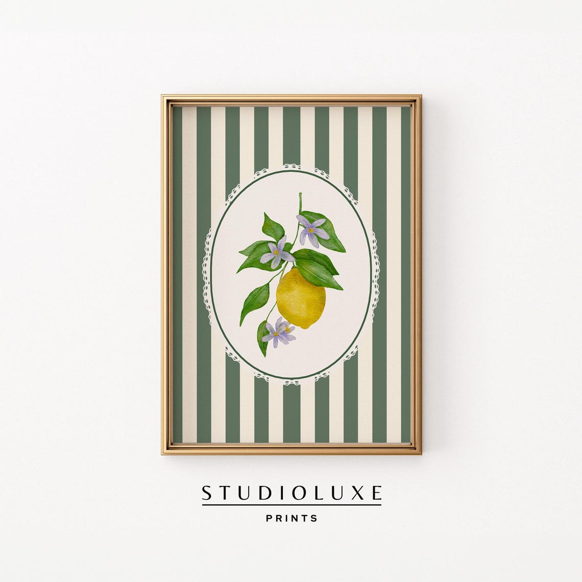 Ripe Lemon with Purple Blossoms in Lace Oval Botanical Art Print