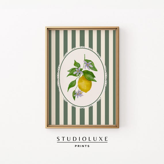 Vintage Lemon Print Striped Wall Art Kitchen Decor Botanical Old Money Grandmillennial Style