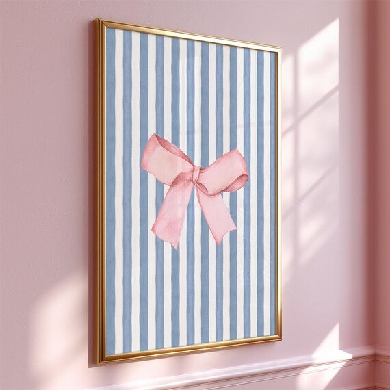 Blue Bow Wall Art On Pink Stripes Coquette Girl Preppy Room Decor Feminine Ribbon Print