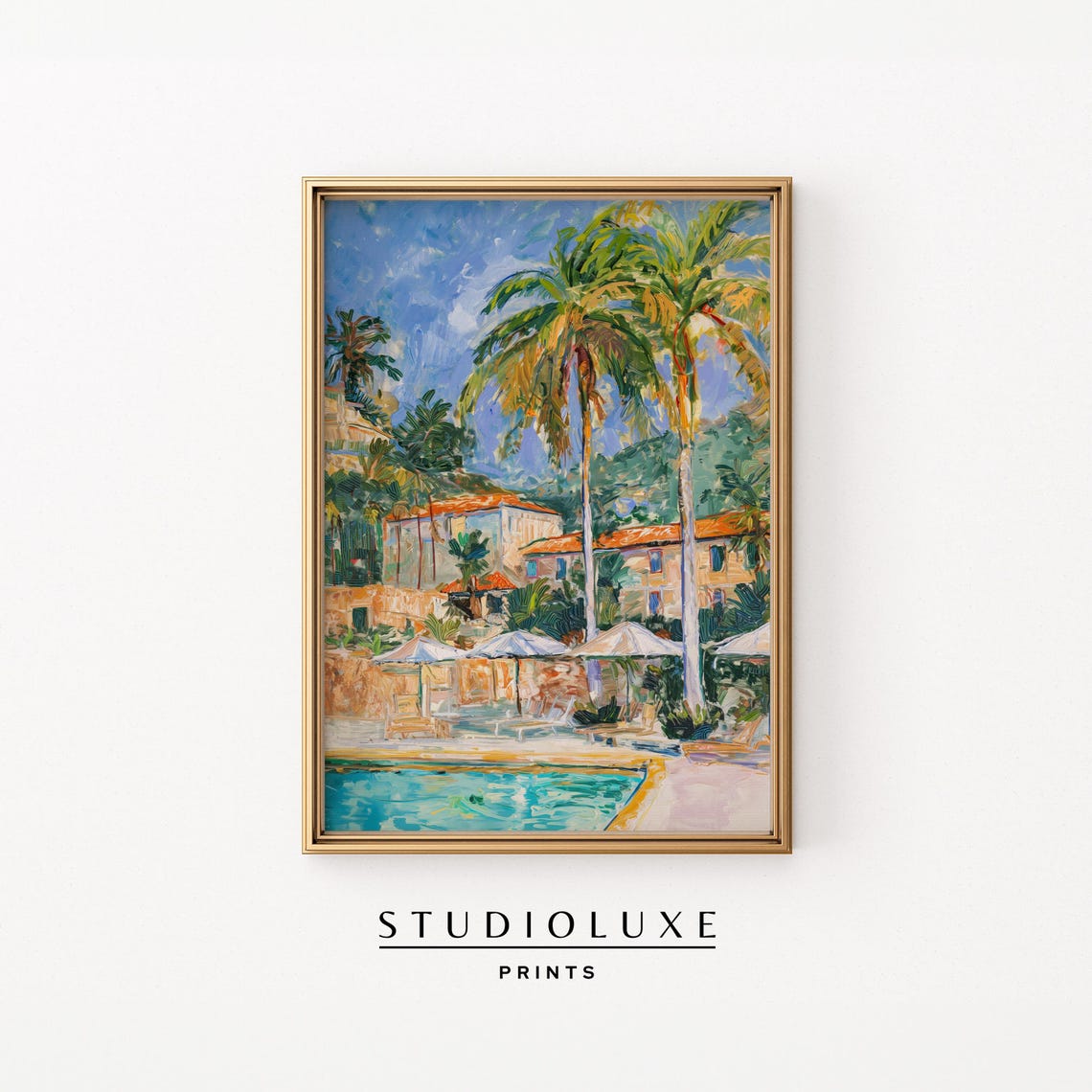 Mediterranean Poolside Villa with Palm Trees Painting Poster