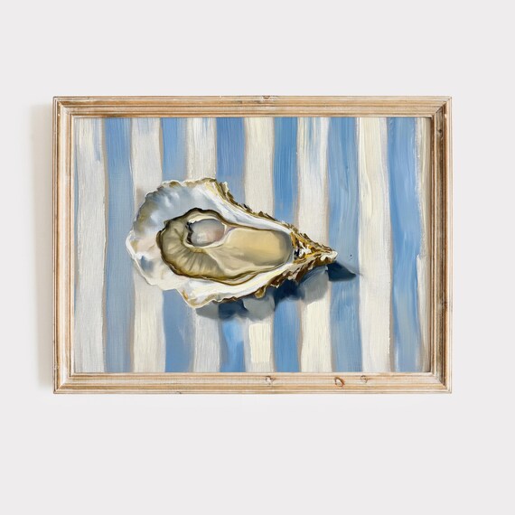 Blue Striped Oyster Minimalist Coastal Still Life Painting Wall Art