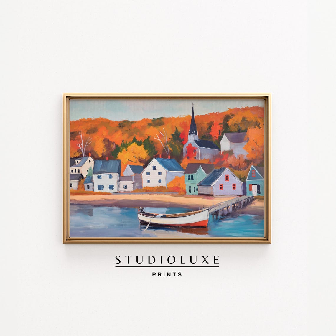 Autumn Harbor Coastal Village Rowboat Chapel New England Scene Poster