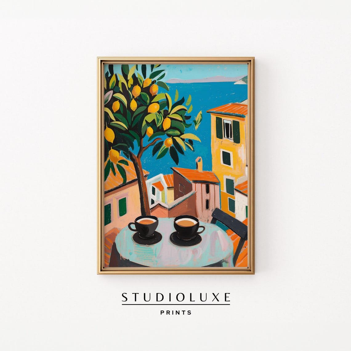Coffee for Two Under a Lemon Tree Overlooking Coastal Town Poster