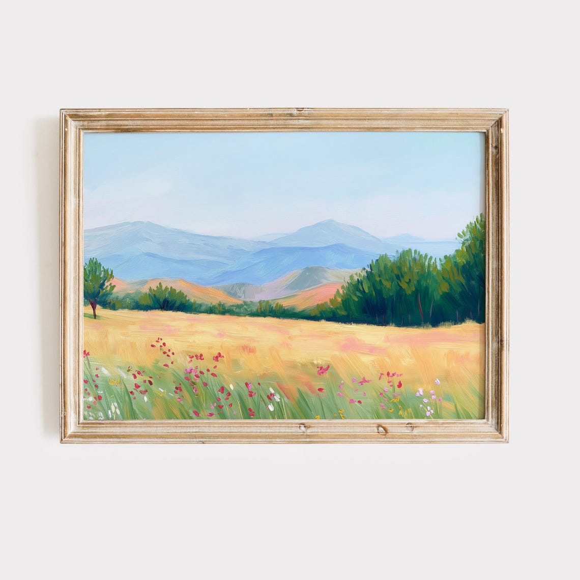 Golden Meadow of Wildflowers Rolling Toward Blue Mountains Art Print