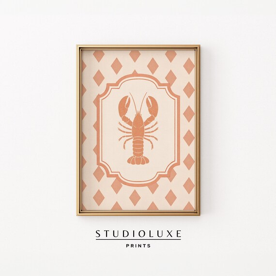 Preppy Lobster Wall Art Coastal Kitchen Decor Orange Harlequin Pattern Granddaughter Instant Print