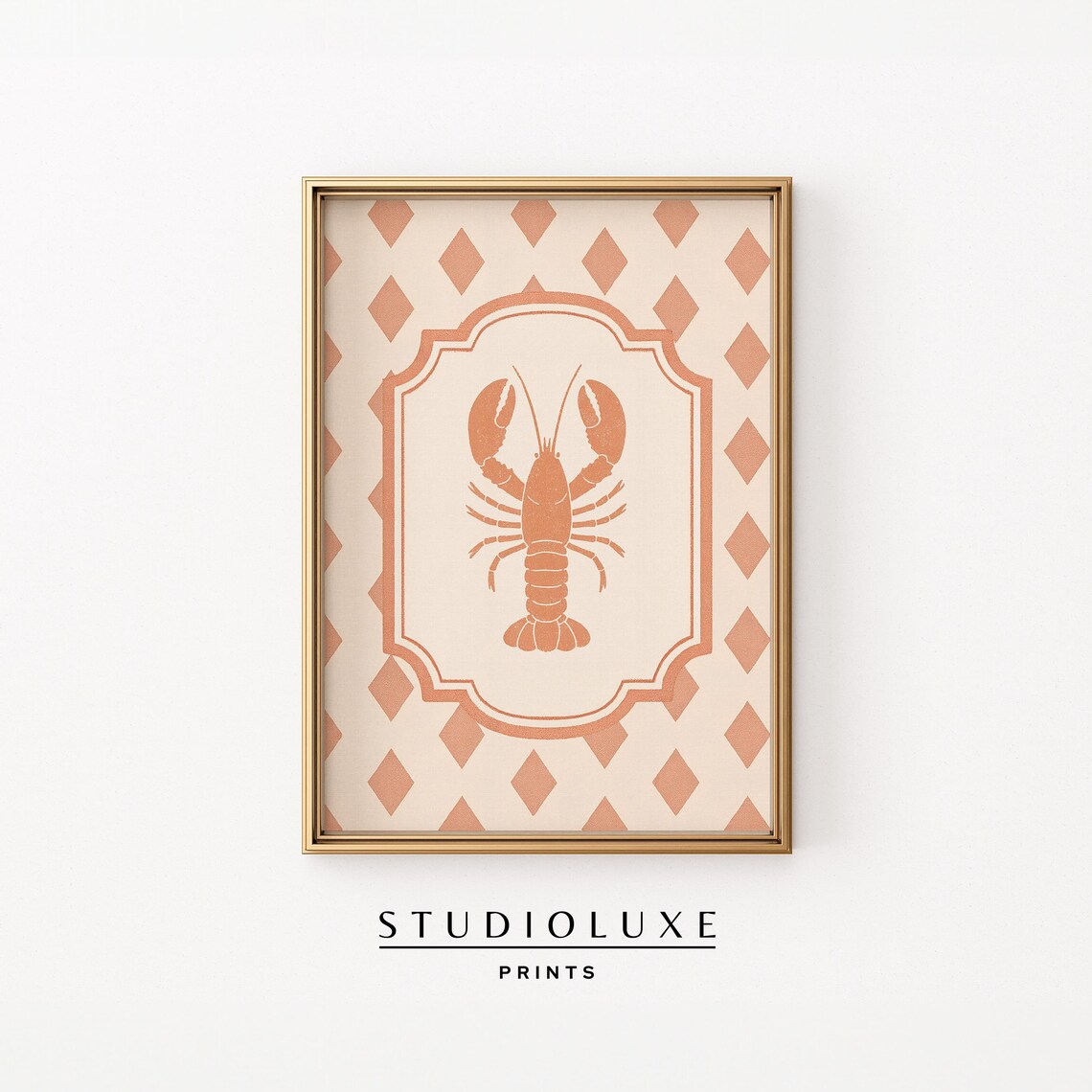 Preppy Lobster Wall Art Coastal Kitchen Decor Orange Harlequin Pattern Granddaughter Instant Print