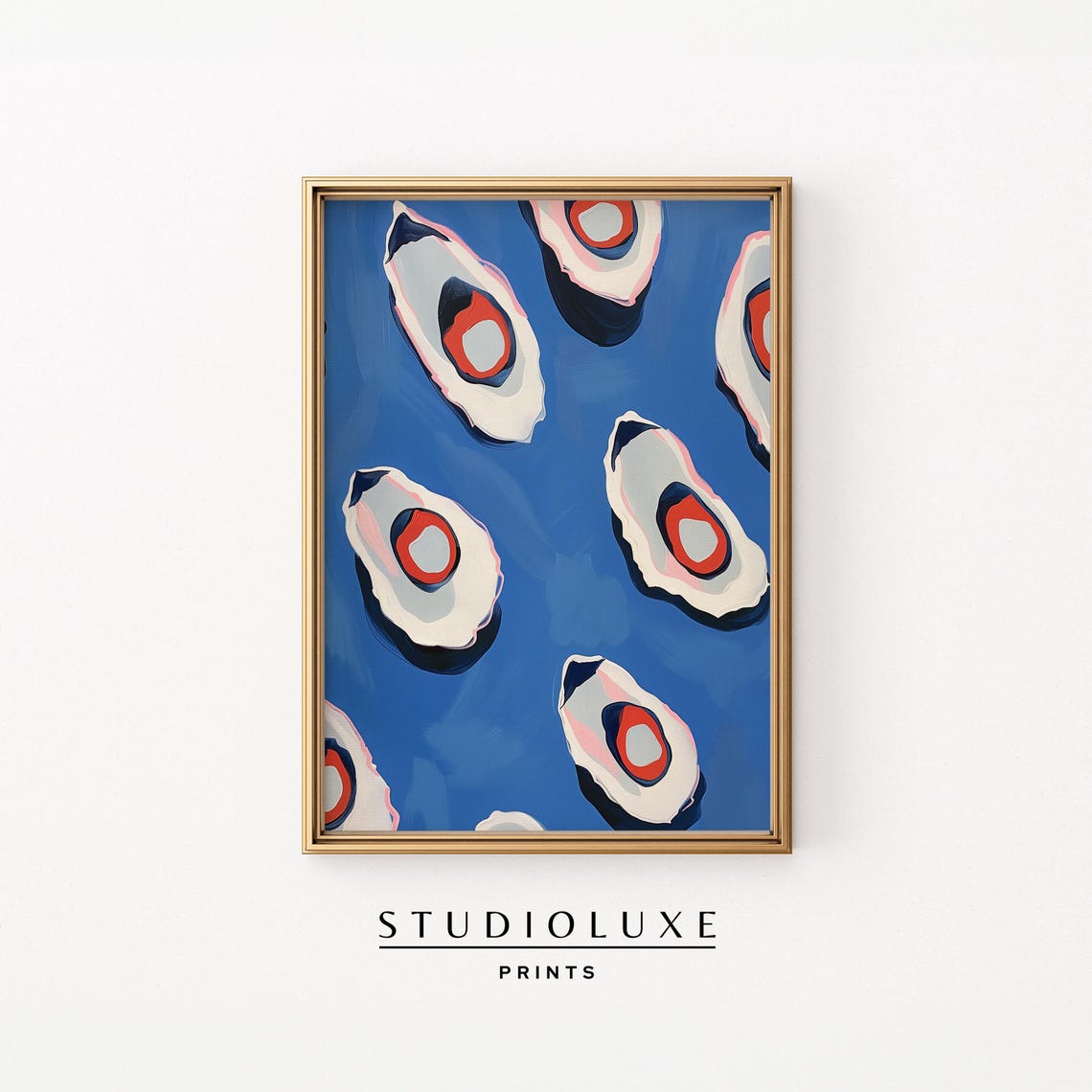 Stylized White Oysters with Coral Centers on Cobalt Blue Poster