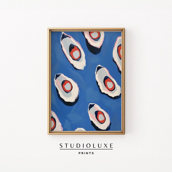 Stylized White Oysters with Coral Centers on Cobalt Blue Poster
