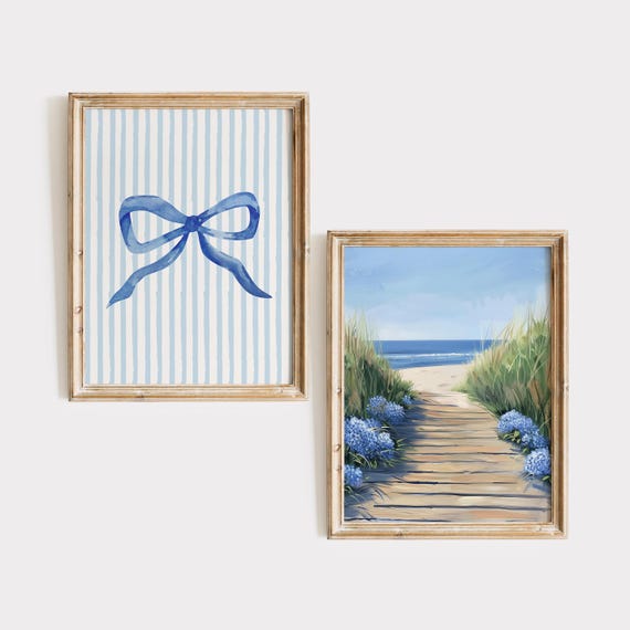 Coastal Granddaughter Set Of 2 Blue Bow Wall Art Coquette Room Decor Preppy Trendy Apartment Beachy Cute Nursery