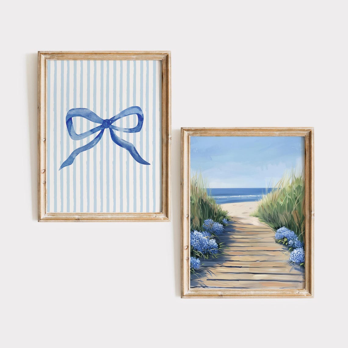 Set of 2 Blue Bow and Beach Boardwalk Coastal Gallery Poster