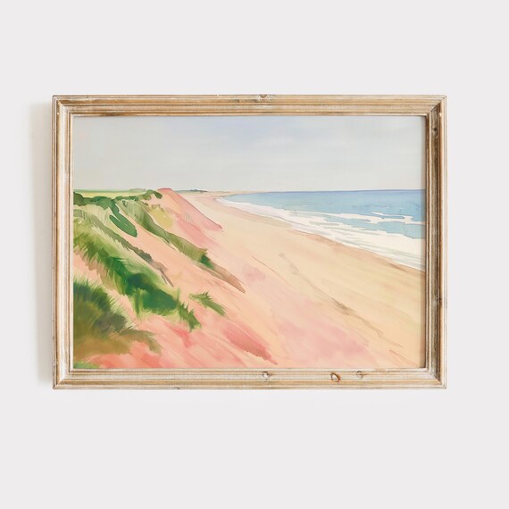 Pink Sand Dunes With Green Grass Rolling Toward The Sea Poster