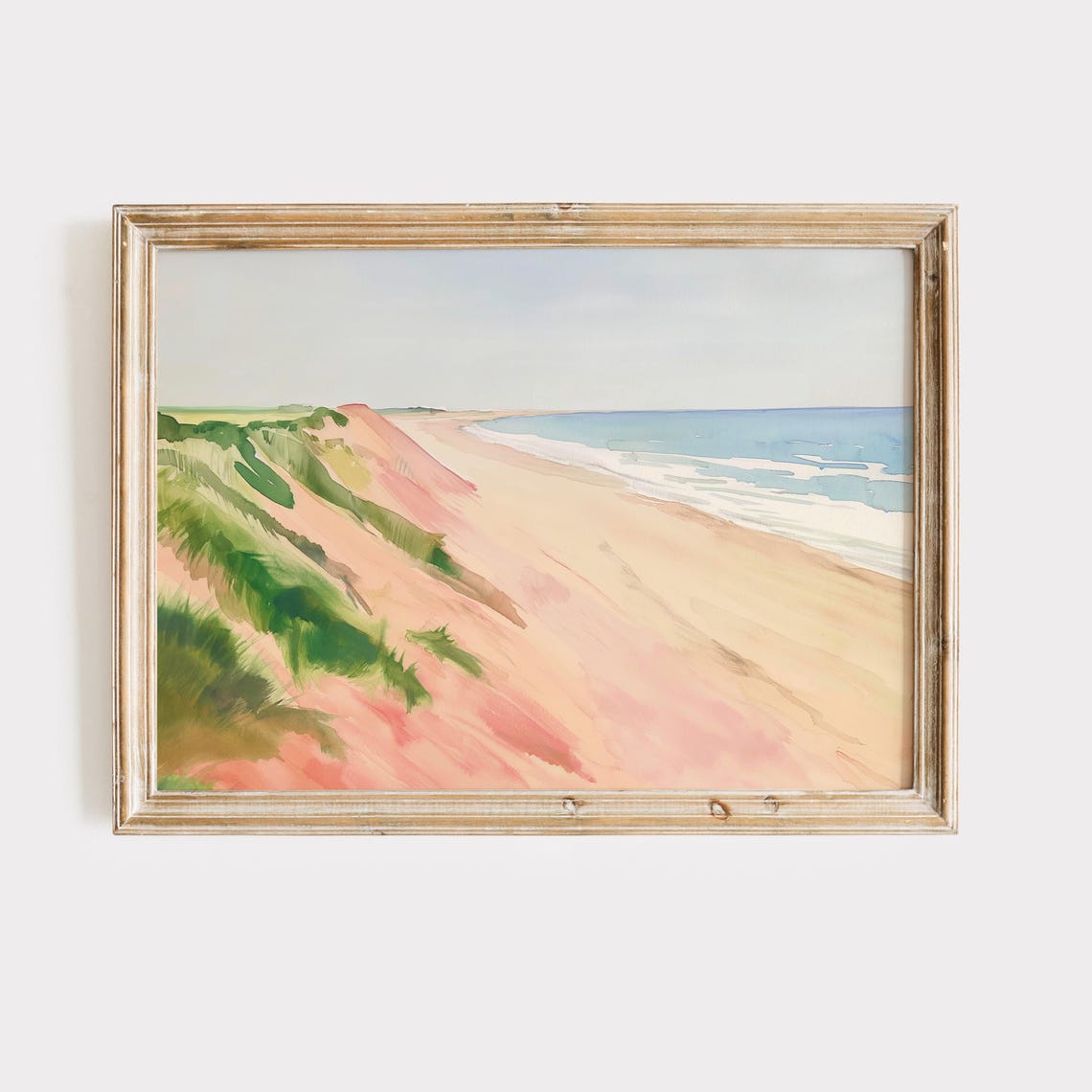 Pink Sand Dunes With Green Grass Rolling Toward The Sea Poster