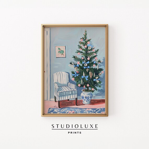Blue And White Christmas Tree In Woven Basket Holiday Poster
