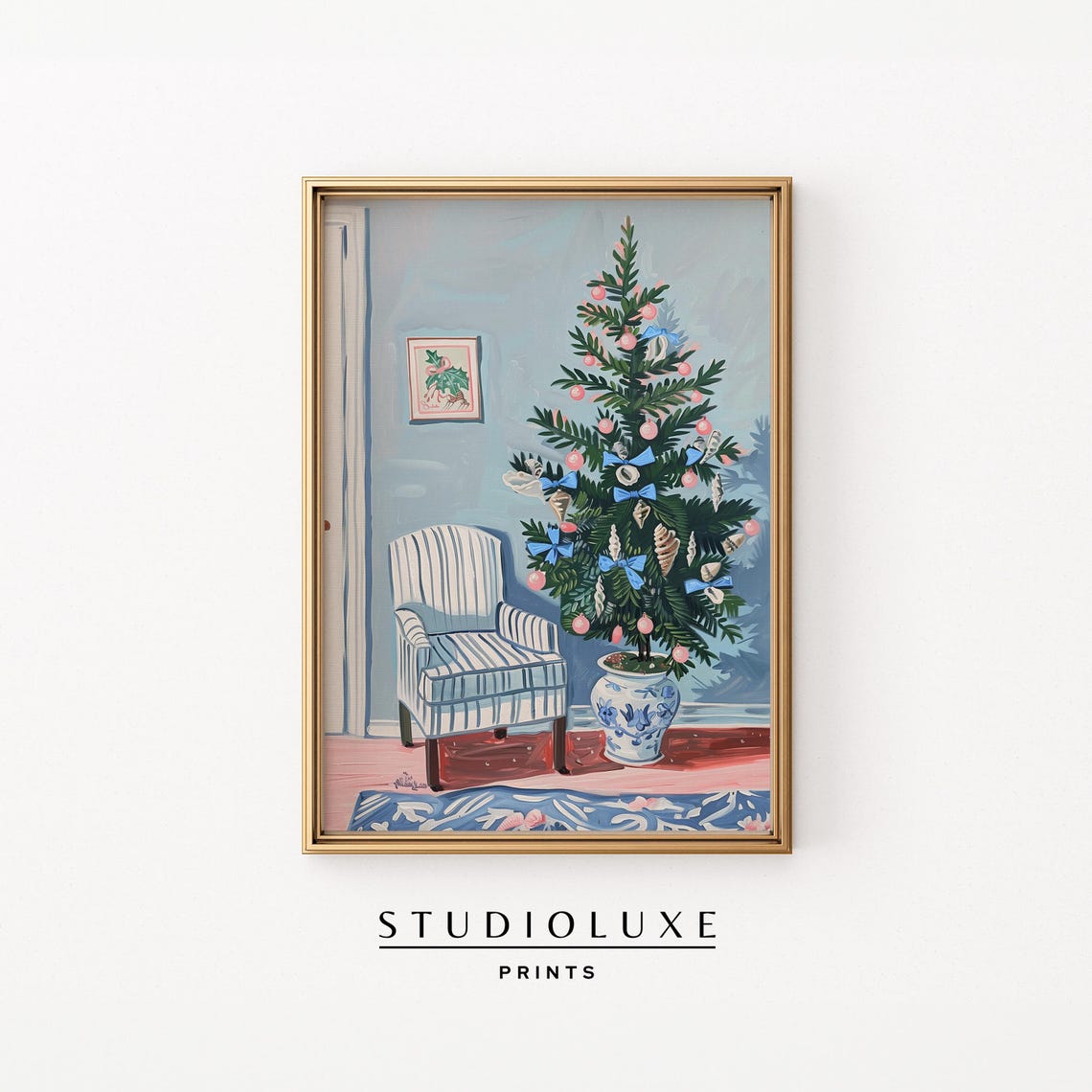 Blue And White Christmas Tree In Woven Basket Holiday Poster