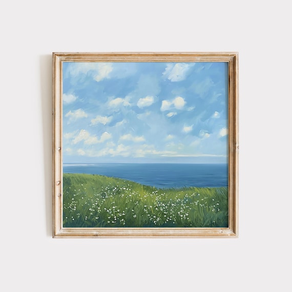 Coastal Meadow White Flowers Cloudy Sky Square Painting Poster