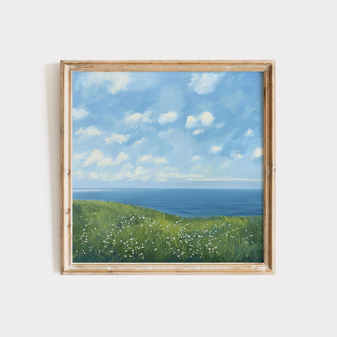 Coastal Meadow White Flowers Cloudy Sky Square Painting Poster