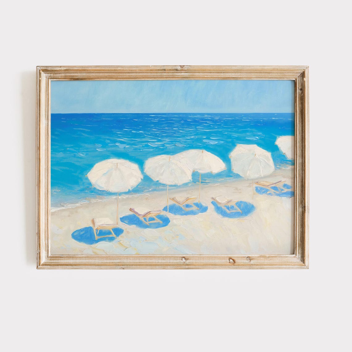 White Beach Umbrellas Poster Minimalist Blue Ocean Sand Scene Art