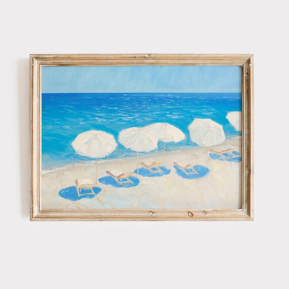White Beach Umbrellas Poster Minimalist Blue Ocean Sand Scene Art