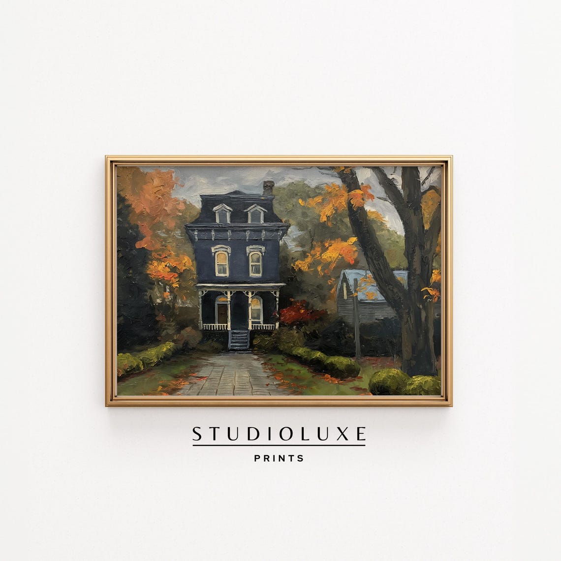 Victorian House Dark Blue Mansard Roof Moody Autumn Trees Fall Poster
