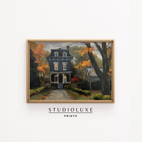 Victorian Fall Home Wall Art Dark Cozy Autumn House Painting Moody Porch Halloween Season Decor Spooky Print