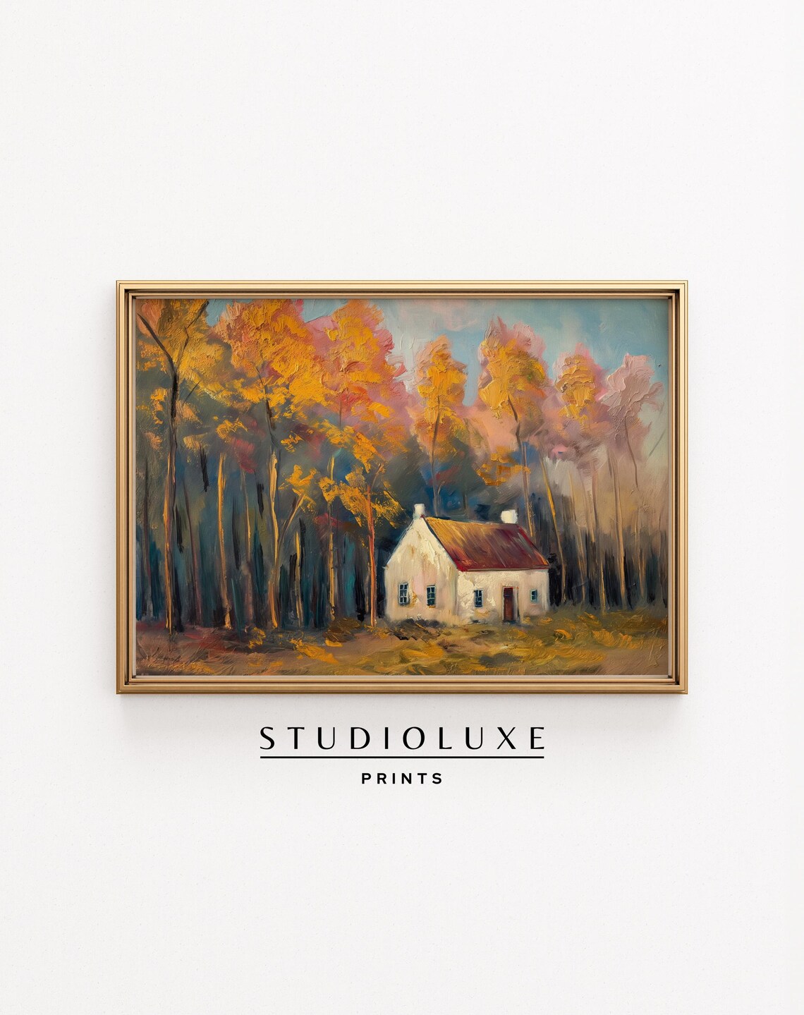 White Cottage in Autumn Forest Poster, Impressionist Oil Painting Scene