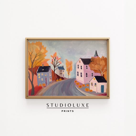 Whimsical Fall Village Jack-O-Lanterns Pastel Houses October Poster