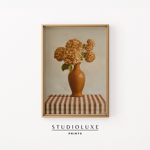 Dried Hydrangeas Brown Vase Gingham Table Fall Floral Poster