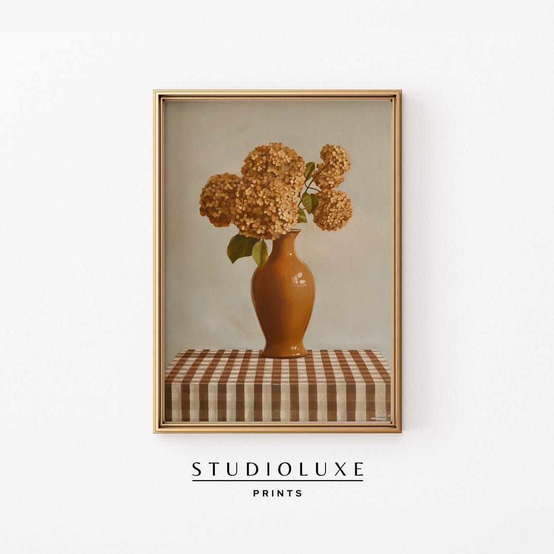 Dried Hydrangeas Brown Vase Gingham Table Fall Floral Poster