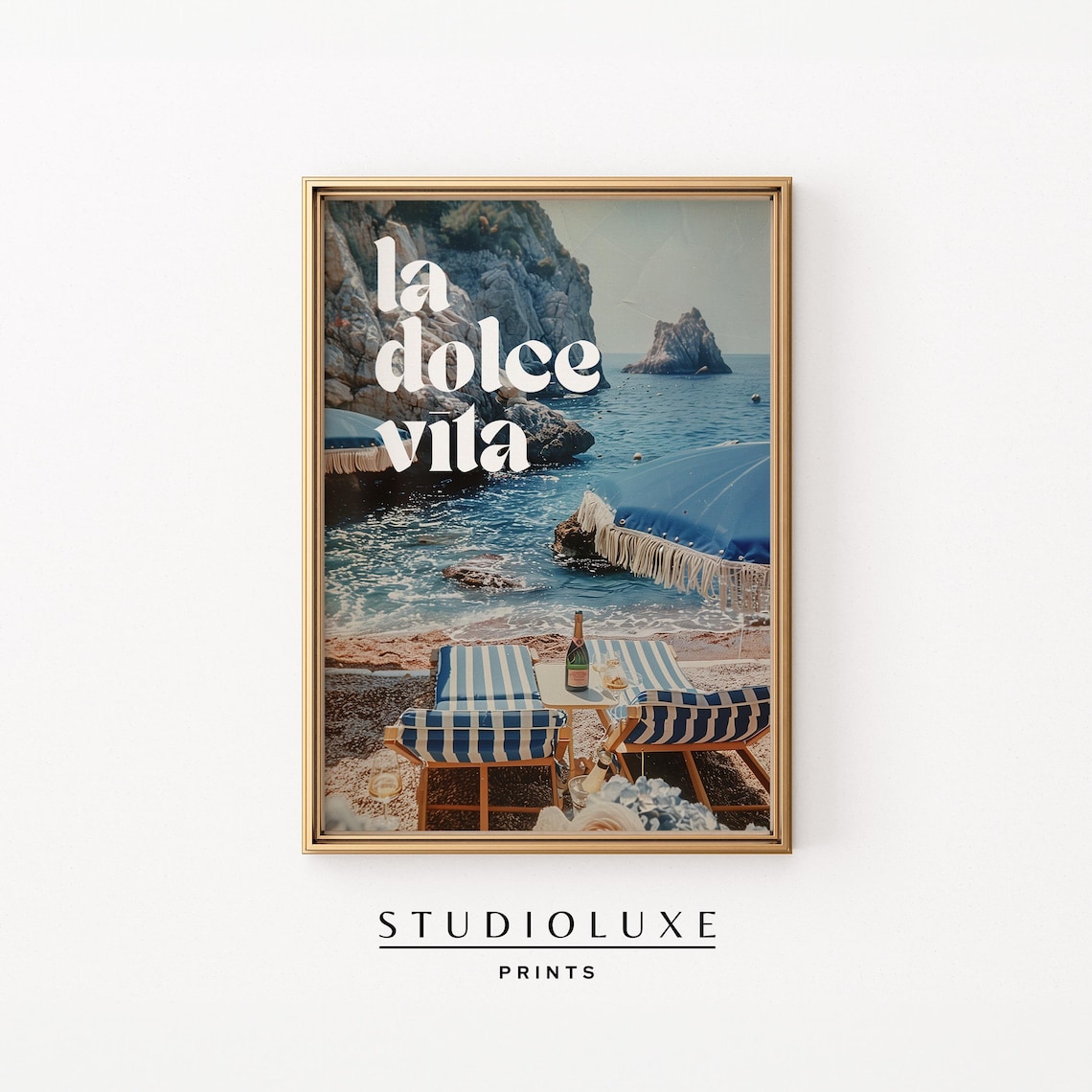 La Dolce Vita Italian Coast Beach Photo with Striped Loungers Poster