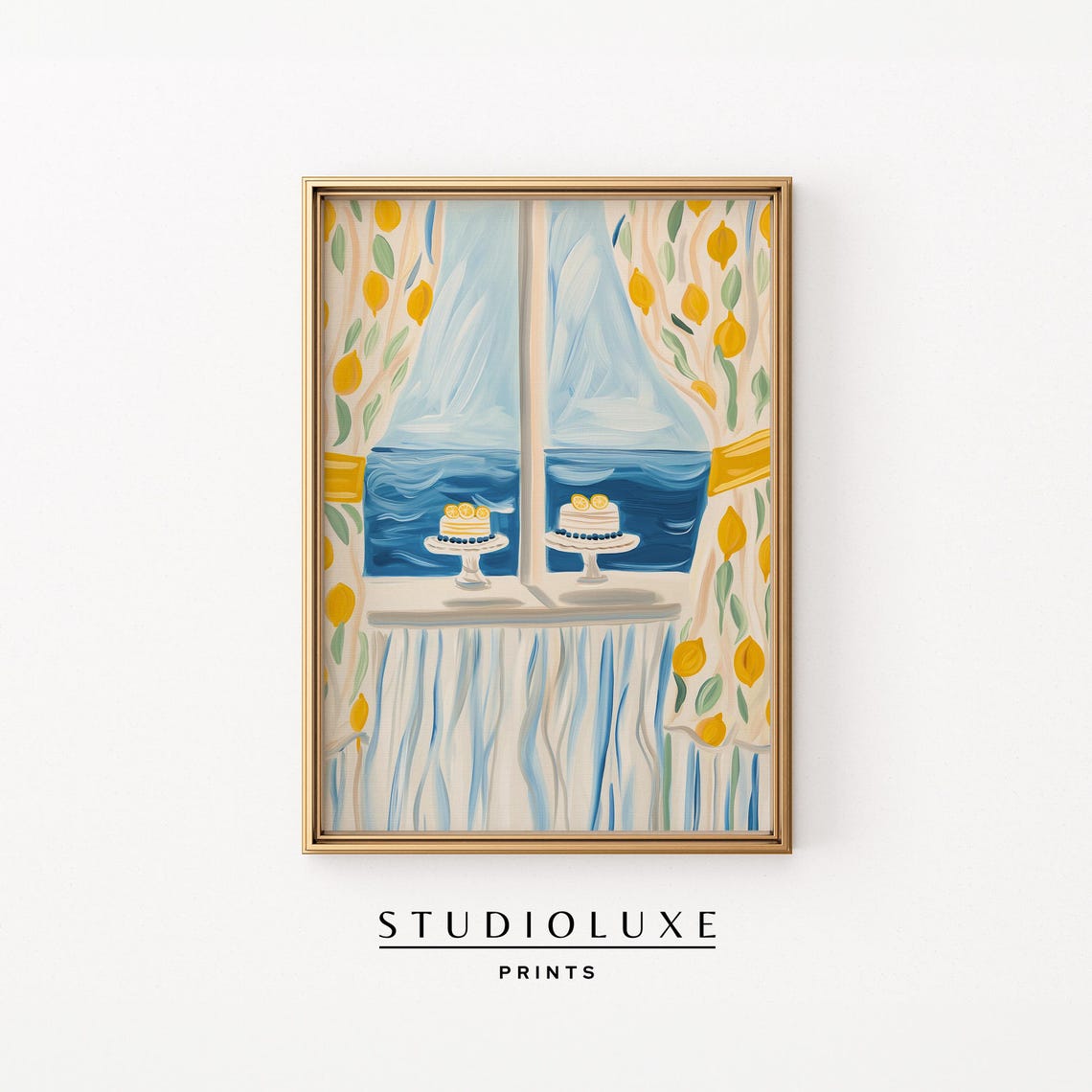 Lemon Pattern Curtains With Cakes On Ocean View Windowsill Poster