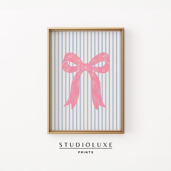 Pink Bow On Blue Stripe Wall Art Coquette Decor For Girls Bedroom Or Dorm Room Cute Poster