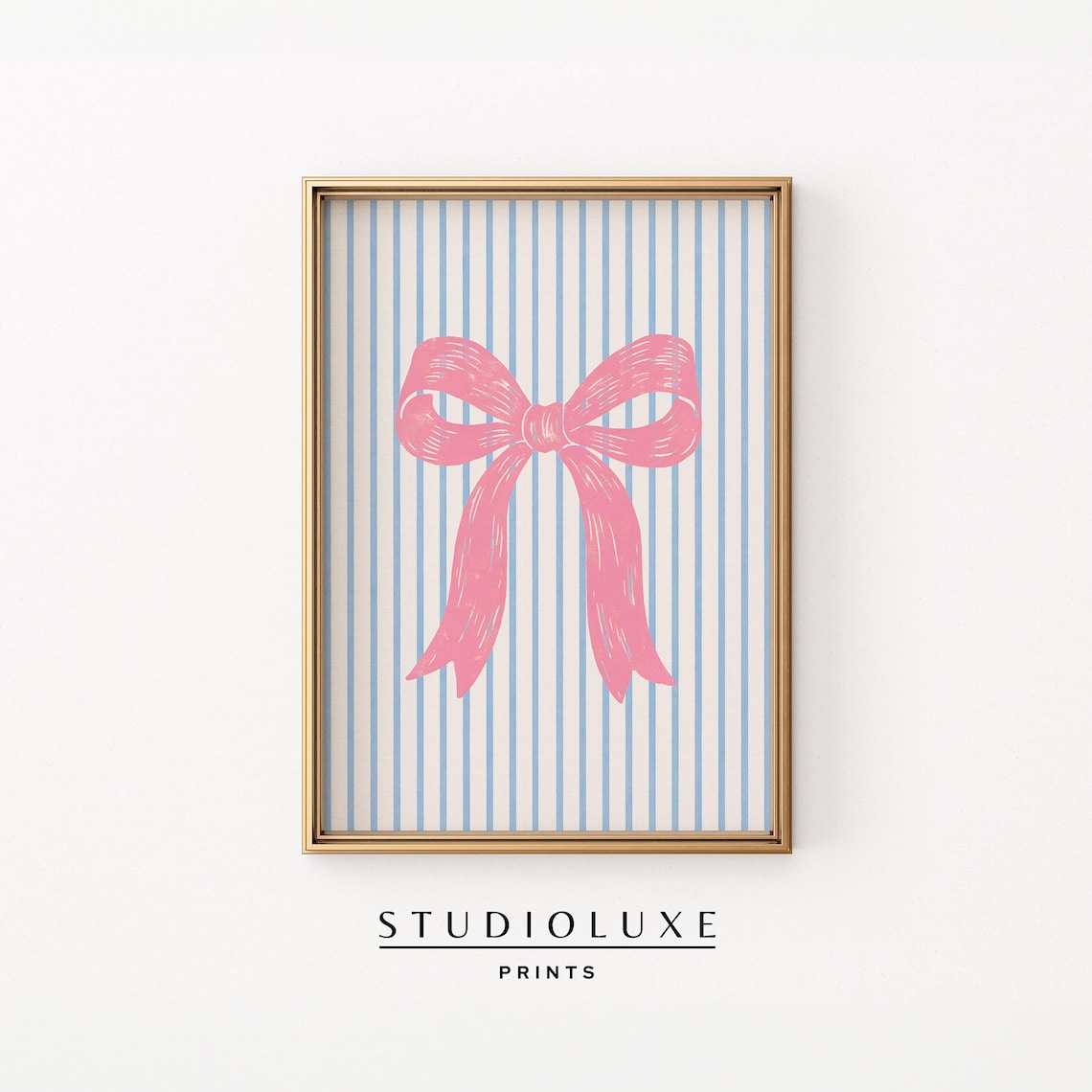 Pink Bow on Blue Stripes Coquette Preppy Girls Room Wall Art