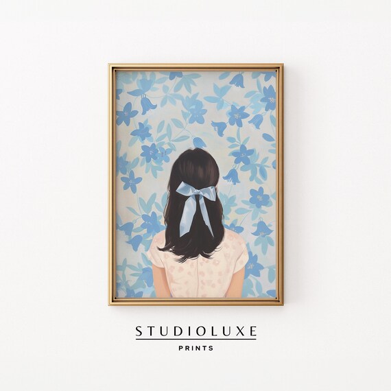 Girl with Blue Bow Before Blue Floral Wallpaper Illustration Poster