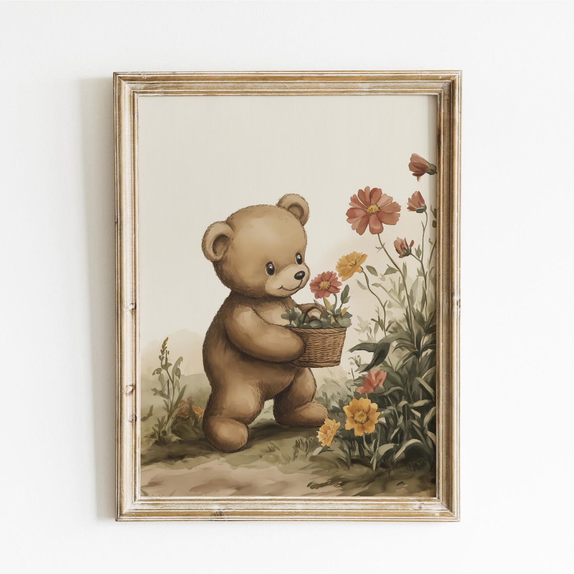 Teddy Bear Picking Flowers in a Garden Basket Nursery Poster