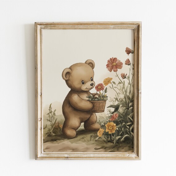 Teddy Bear Picking Flowers in a Garden Basket Nursery Poster