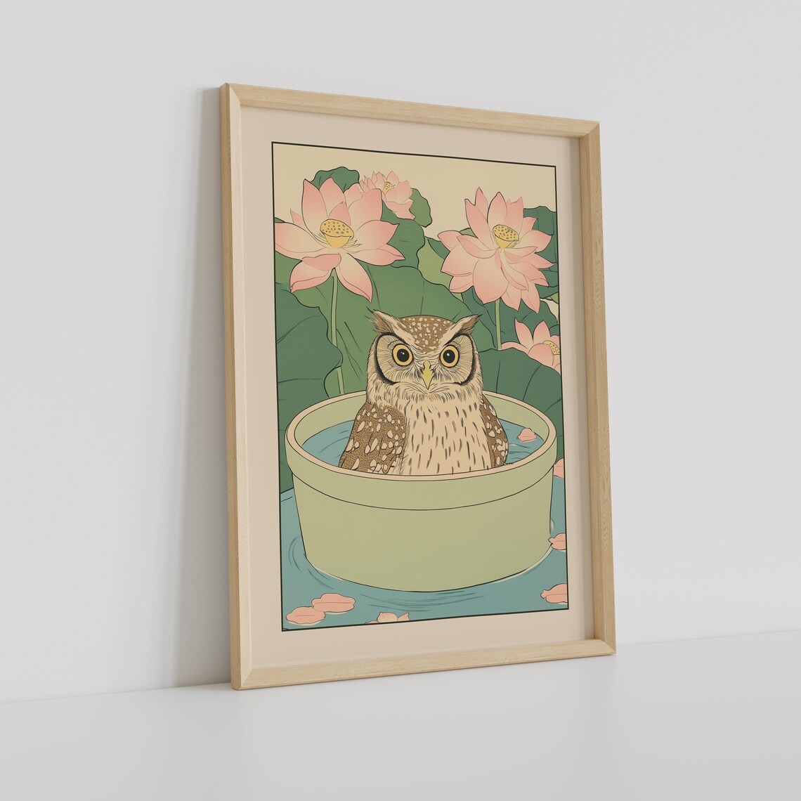 Wide-Eyed Owl Sitting in a Basin of Water Among Lotus Flowers Poster - Image 2
