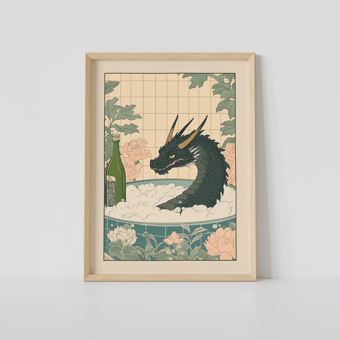 Black Dragon Soaking in a Bubble Bath with Sake Bottle Poster