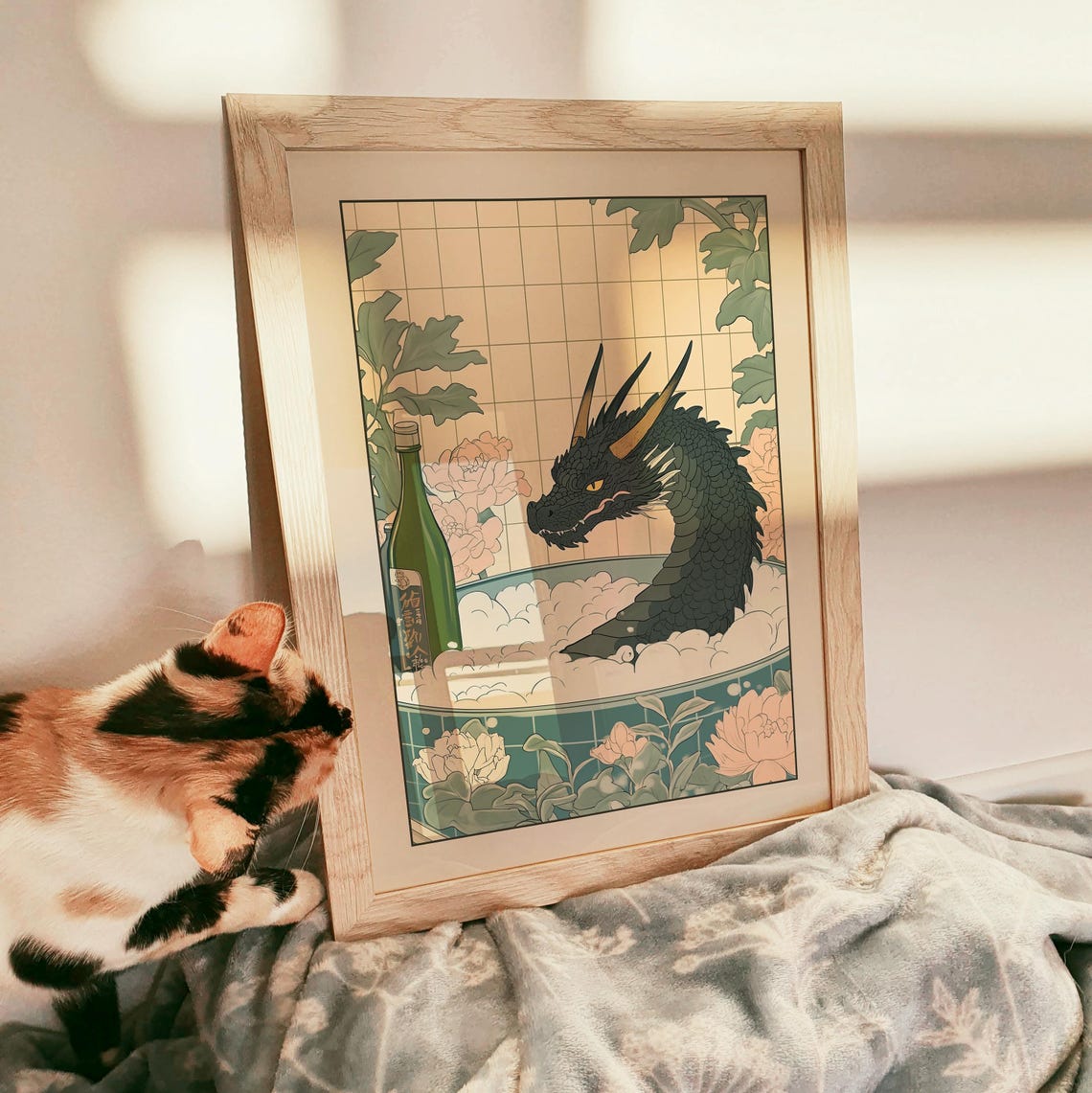 Black Dragon Soaking in a Bubble Bath with Sake Bottle Poster - Image 3