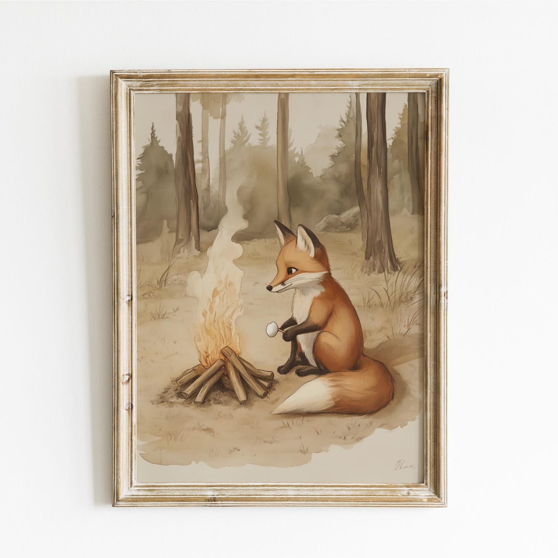 Cute Baby Fox By Campfire Roasting Marshmallow Nursery Art Print