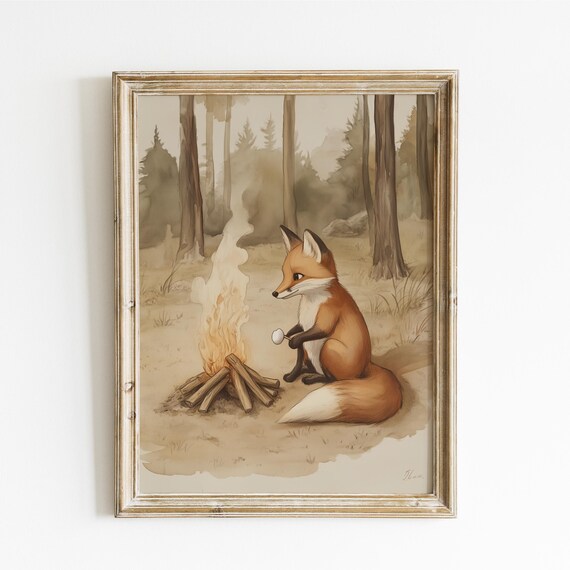 Cute Baby Fox By Campfire Roasting Marshmallow Nursery Art Print