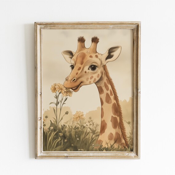 Baby Giraffe Smelling Yellow Wildflowers Close-Up Nursery Poster
